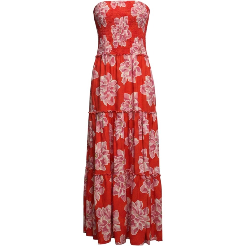 Abel The Label Maxi Dress Womens Small Red Pink Floral Strapless Smocked Tiered